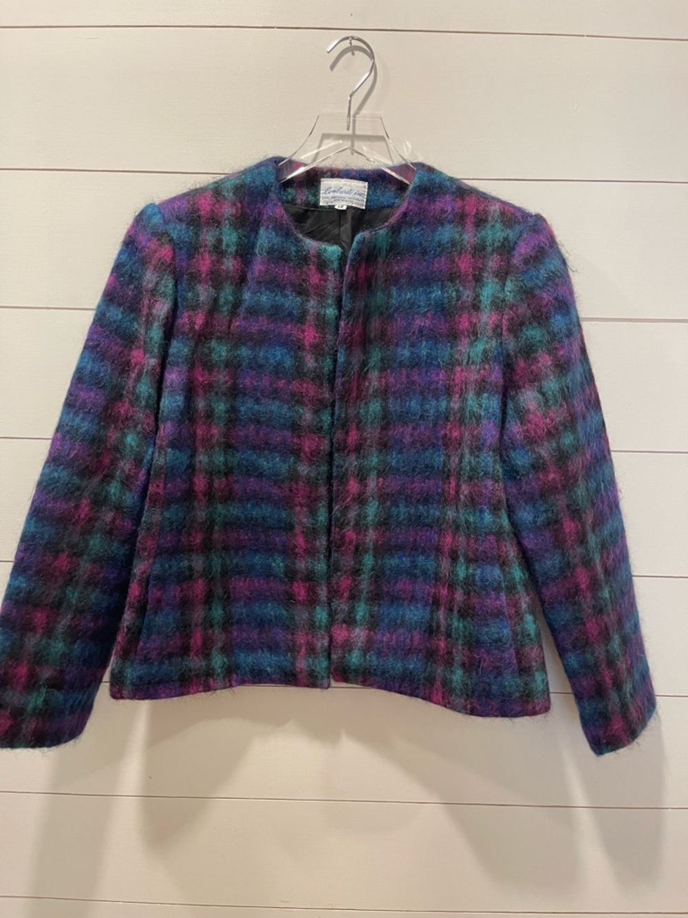 Vintage Lombardi Inc 1980’s Plaid Mohair Jacket in Purple & Teal Womens Size 14